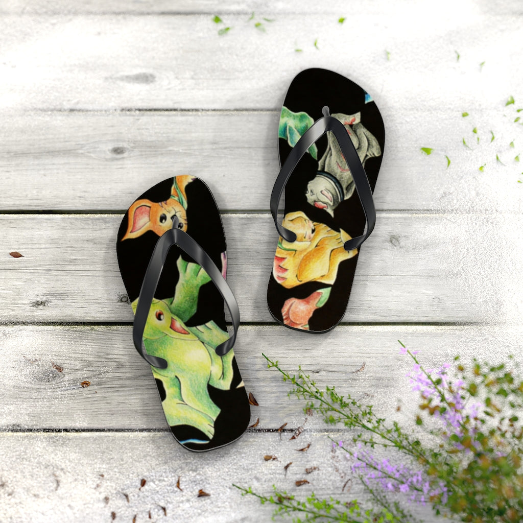 A pair of Cat Pattern Flip Flops featuring vibrant cat designs, cushioned footbed, and black PVC strap, perfect for summer wear.