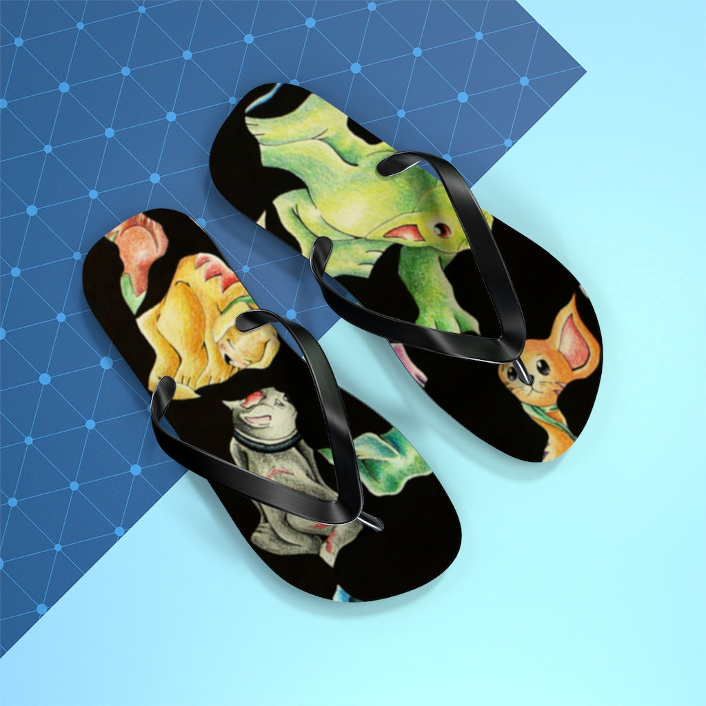 A pair of Cat Pattern Flip Flops featuring vibrant cat designs, cushioned footbed, and black PVC strap, perfect for summer wear.