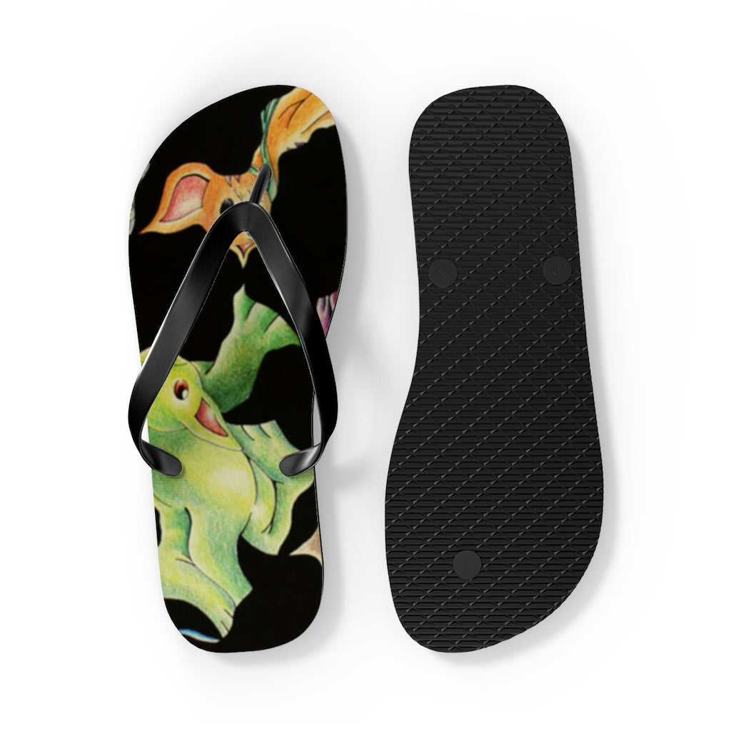 A pair of Cat Pattern Flip Flops featuring vibrant cat designs, cushioned footbed, and black PVC strap, perfect for summer wear.