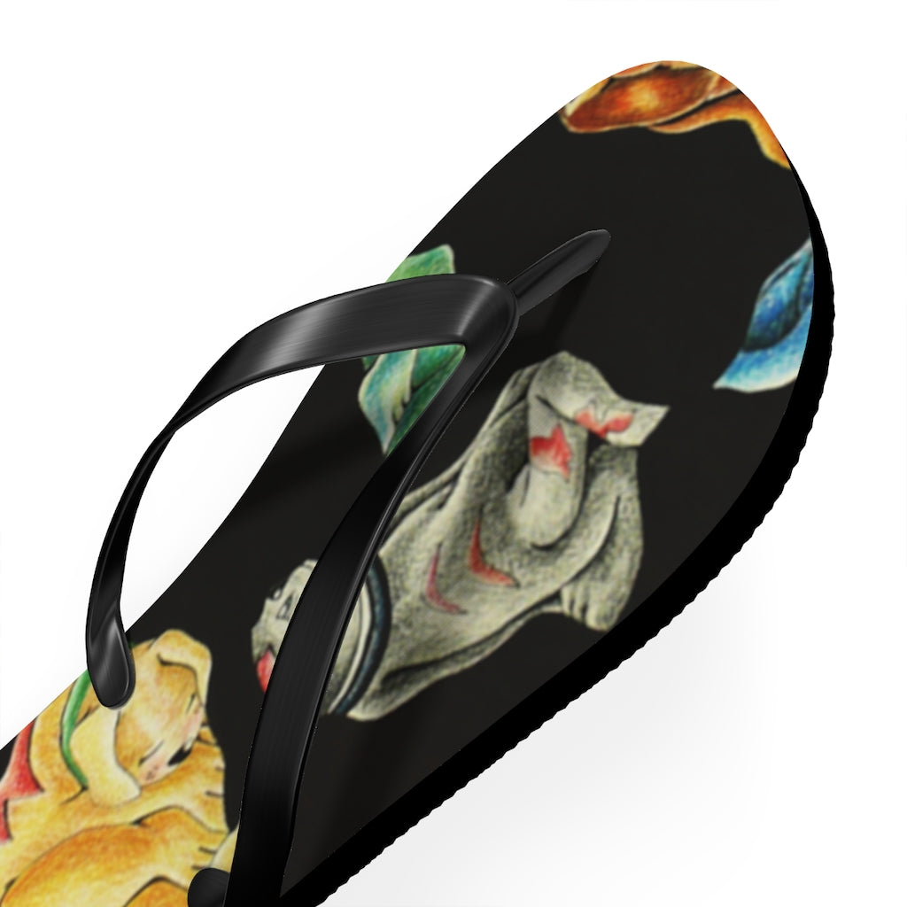 A pair of Cat Pattern Flip Flops featuring vibrant cat designs, cushioned footbed, and black PVC strap, perfect for summer wear.