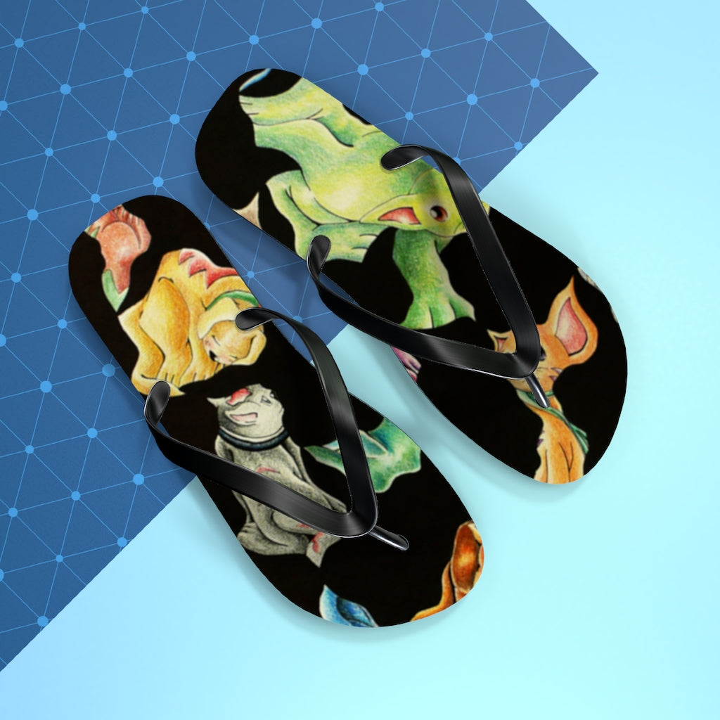 A pair of Cat Pattern Flip Flops featuring vibrant cat designs, cushioned footbed, and black PVC strap, perfect for summer wear.