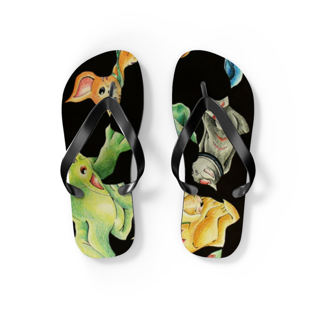 A pair of Cat Pattern Flip Flops featuring vibrant cat designs, cushioned footbed, and black PVC strap, perfect for summer wear.