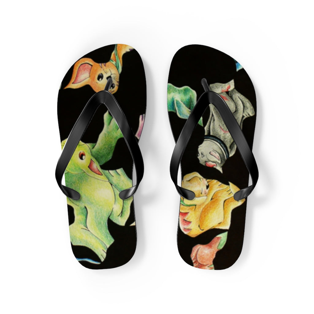 A pair of Cat Pattern Flip Flops featuring vibrant cat designs, cushioned footbed, and black PVC strap, perfect for summer wear.