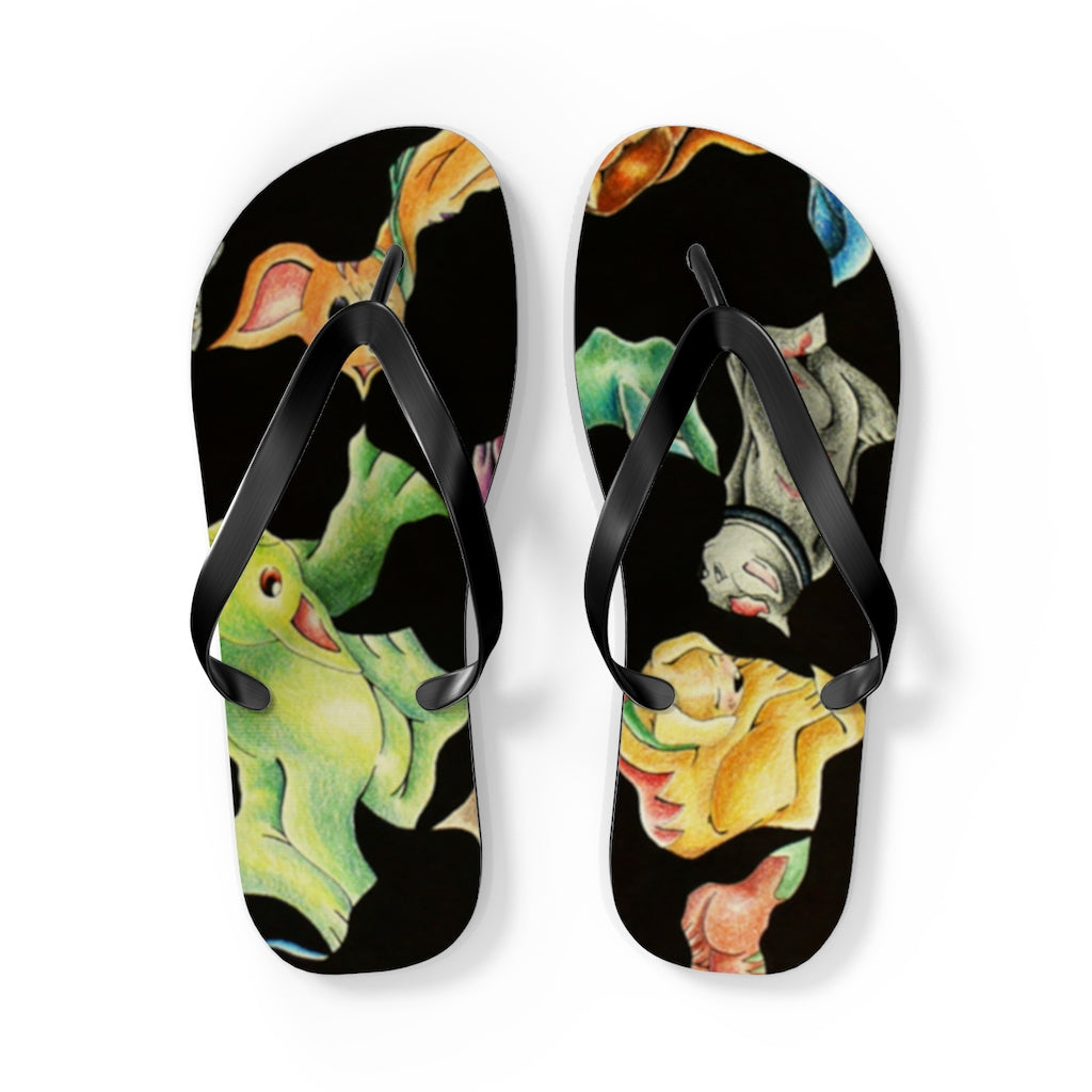 A pair of Cat Pattern Flip Flops featuring vibrant cat designs, cushioned footbed, and black PVC strap, perfect for summer wear.