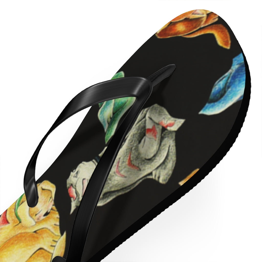 A pair of Cat Pattern Flip Flops featuring vibrant cat designs, cushioned footbed, and black PVC strap, perfect for summer wear.