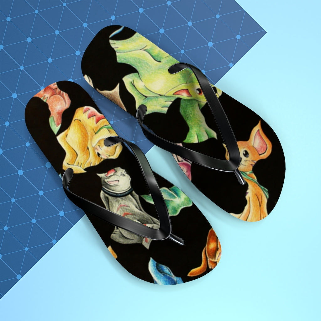 A pair of Cat Pattern Flip Flops featuring vibrant cat designs, cushioned footbed, and black PVC strap, perfect for summer wear.