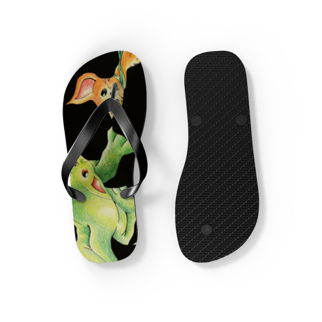 A pair of Cat Pattern Flip Flops featuring vibrant cat designs, cushioned footbed, and black PVC strap, perfect for summer wear.