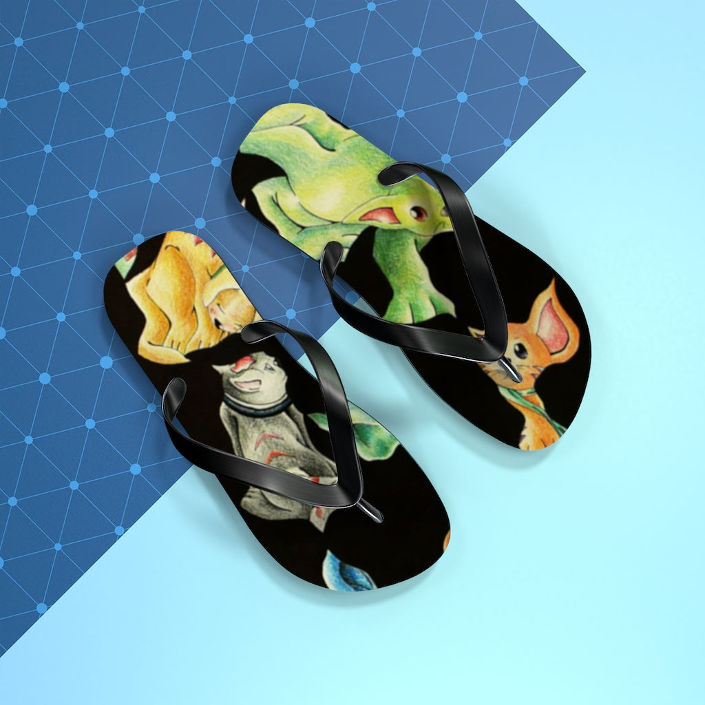 A pair of Cat Pattern Flip Flops featuring vibrant cat designs, cushioned footbed, and black PVC strap, perfect for summer wear.