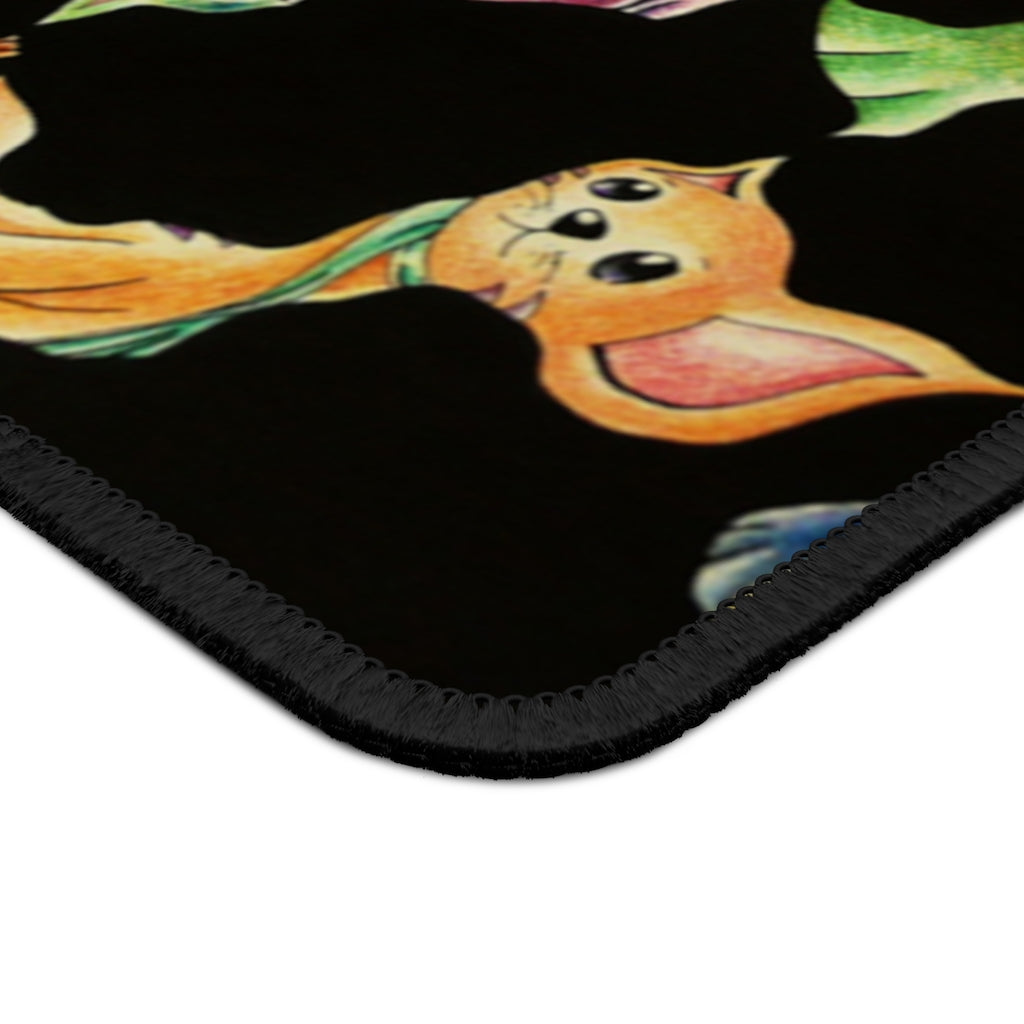 A colorful cat pattern gaming mouse pad, measuring 9x7 inches, featuring stitched edges for durability and a smooth surface for optimal mouse performance.