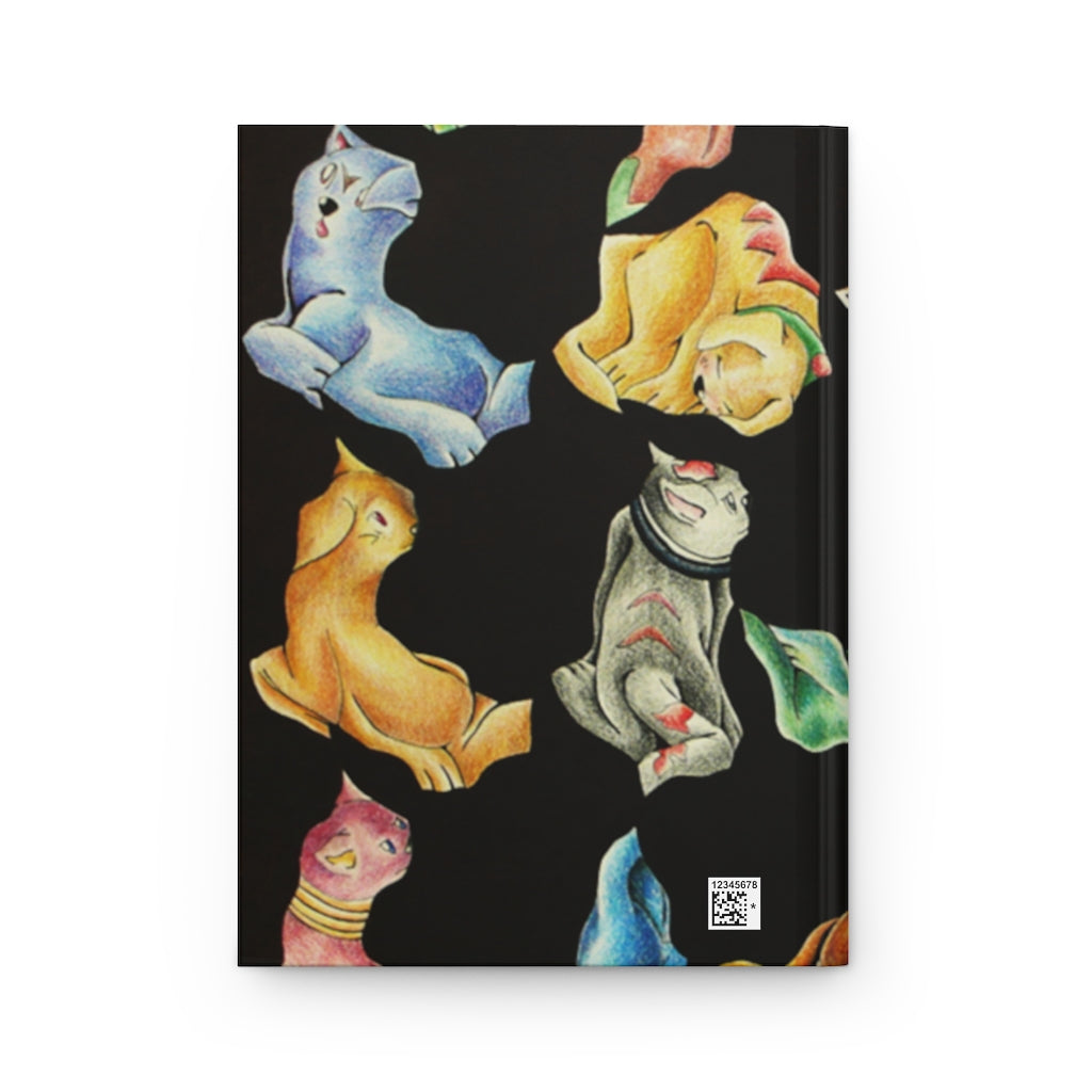 A stylish hardcover journal featuring a cat pattern design with a matte finish, showcasing customizable front and back covers.