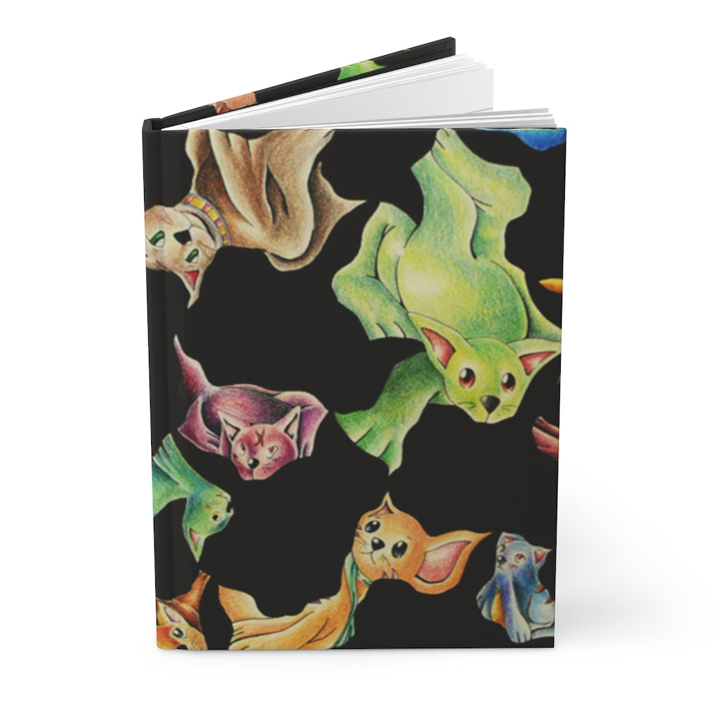 A stylish hardcover journal featuring a cat pattern design with a matte finish, showcasing customizable front and back covers.