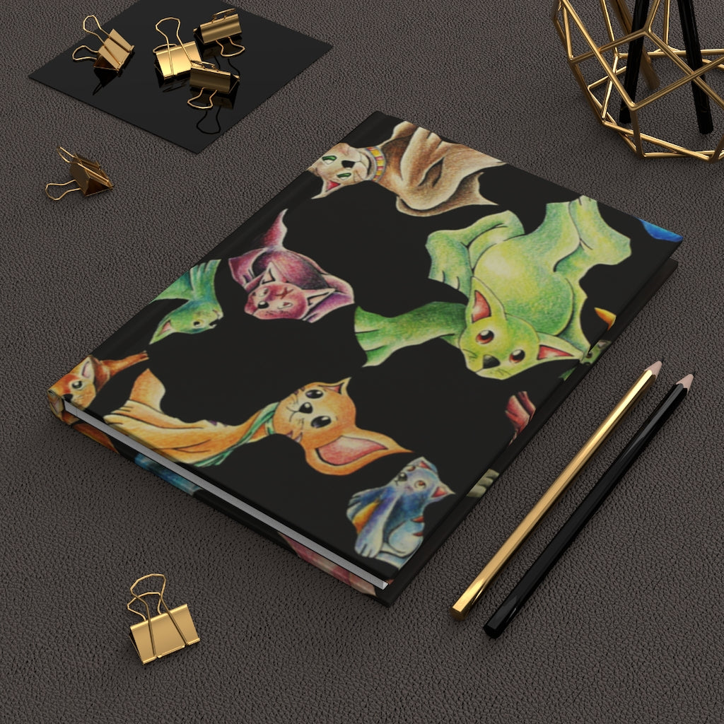 A stylish hardcover journal featuring a cat pattern design with a matte finish, showcasing customizable front and back covers.