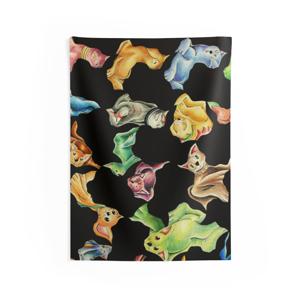 A colorful cat pattern indoor wall tapestry showcasing vibrant feline designs on a soft polyester fabric, perfect for home decor.