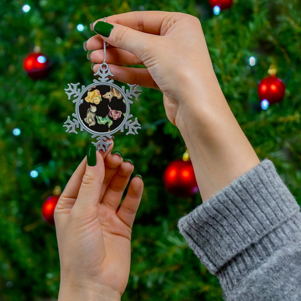 Cat Pattern Pewter Snowflake Ornament with silver-toned hanging string, showcasing a unique snowflake design.