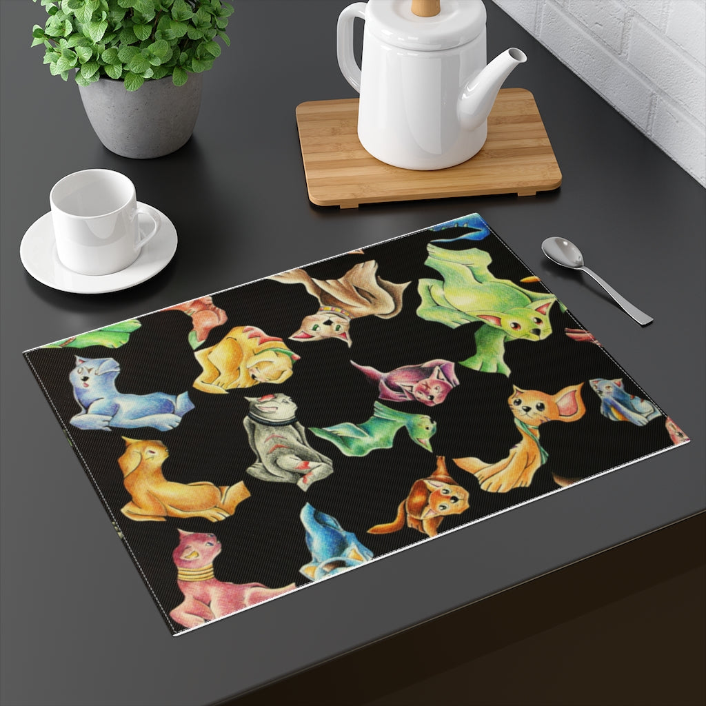 A colorful cat pattern placemat featuring a playful design, made from durable cotton, suitable for dining tables.