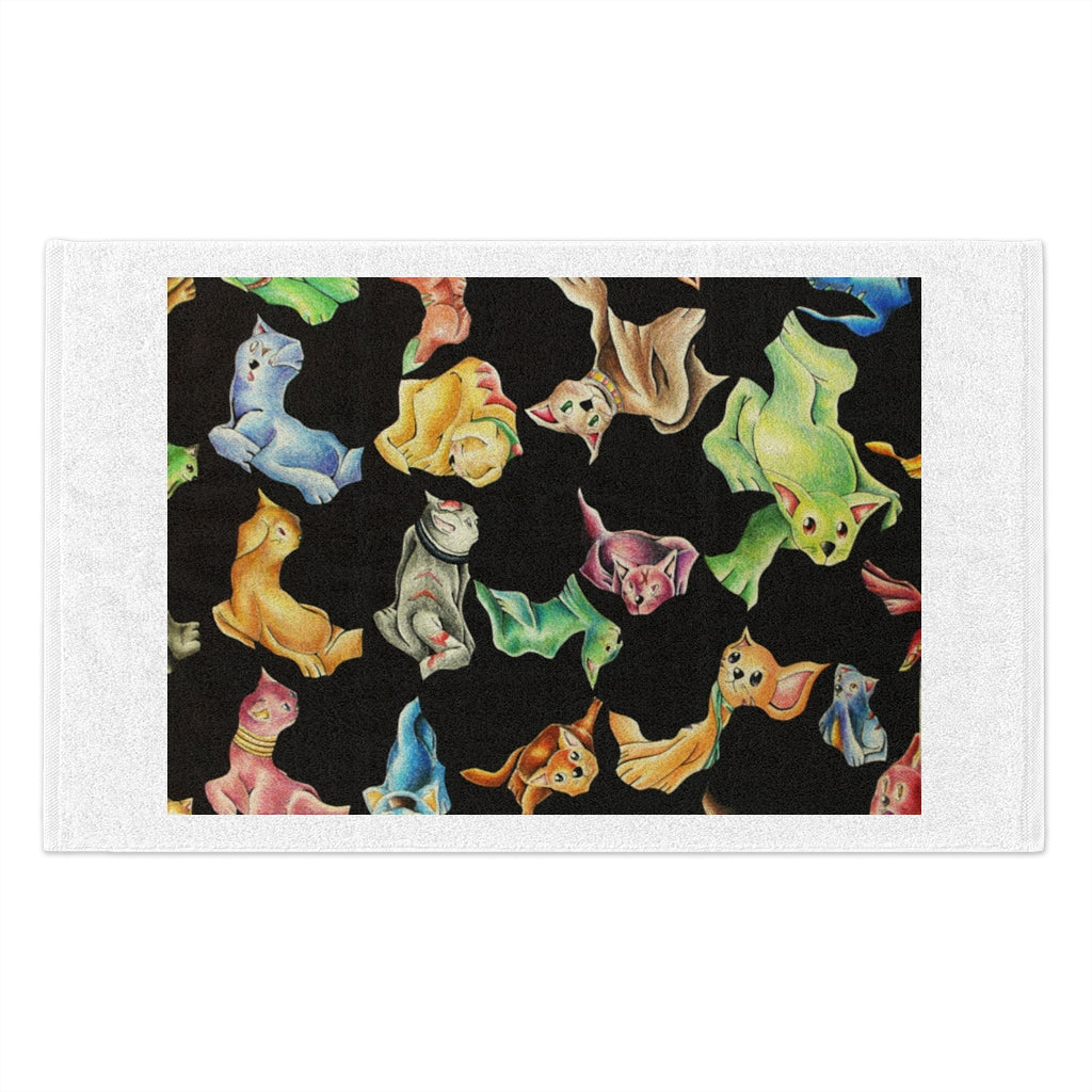 A stylish Cat Pattern Rally Towel featuring a soft polyester front and absorbent cotton backing, measuring 11x18 inches.