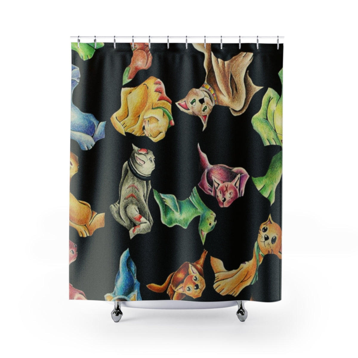 Colorful Cat Pattern Shower Curtain made of durable polyester, featuring playful cat designs, perfect for adding charm to any bathroom.