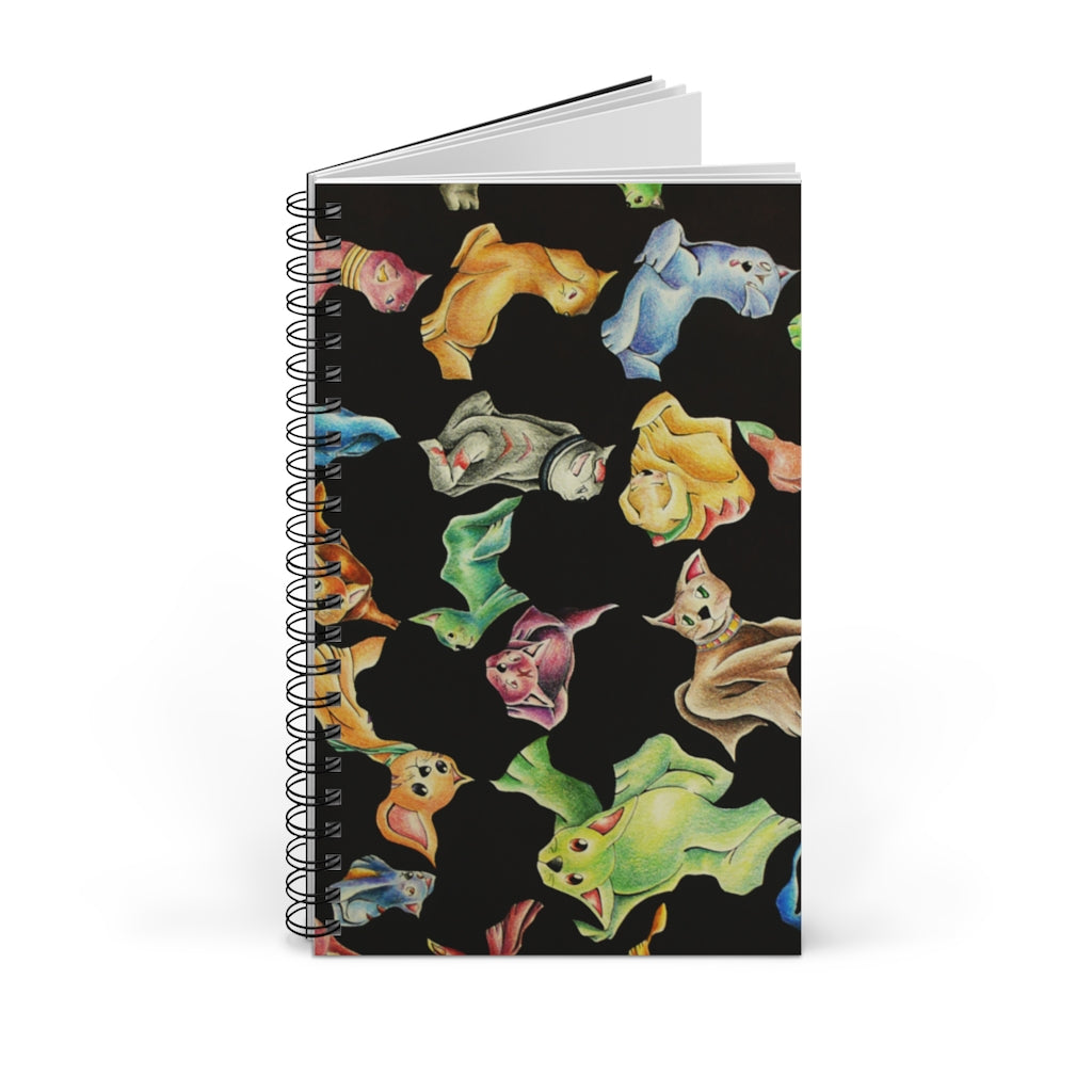 Cat Pattern Spiral Journal featuring a whimsical cat design on the cover, with a spiral binding and 80 single pages inside.