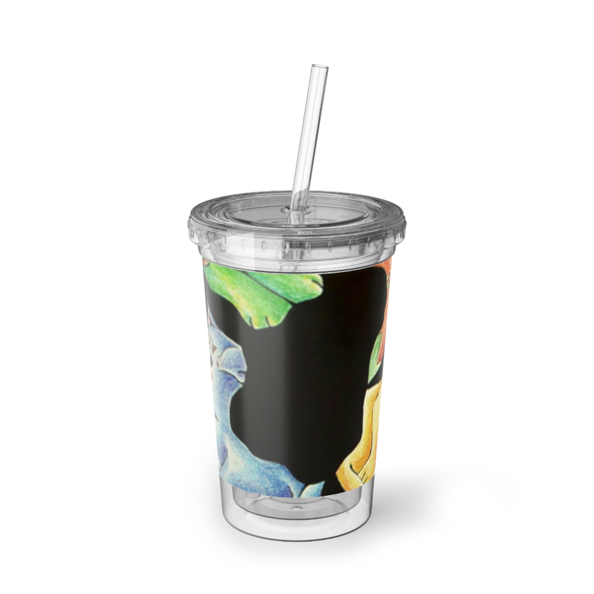 A stylish Cat Pattern Suave Acrylic Cup featuring a vibrant cat design, double-wall insulation, and a plastic lid with a straw.