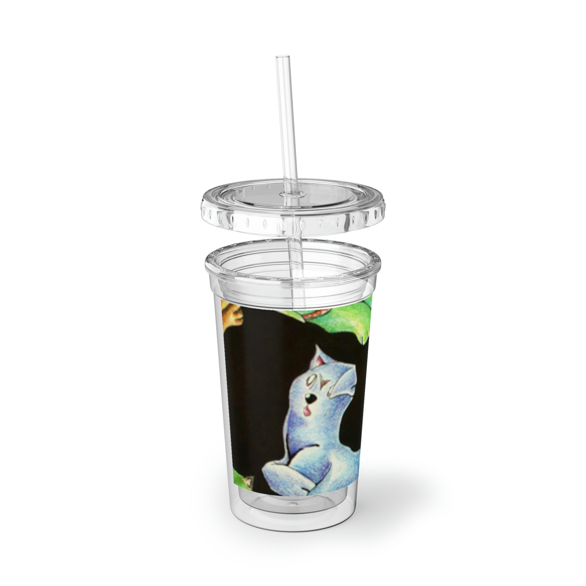 A stylish Cat Pattern Suave Acrylic Cup featuring a vibrant cat design, double-wall insulation, and a plastic lid with a straw.