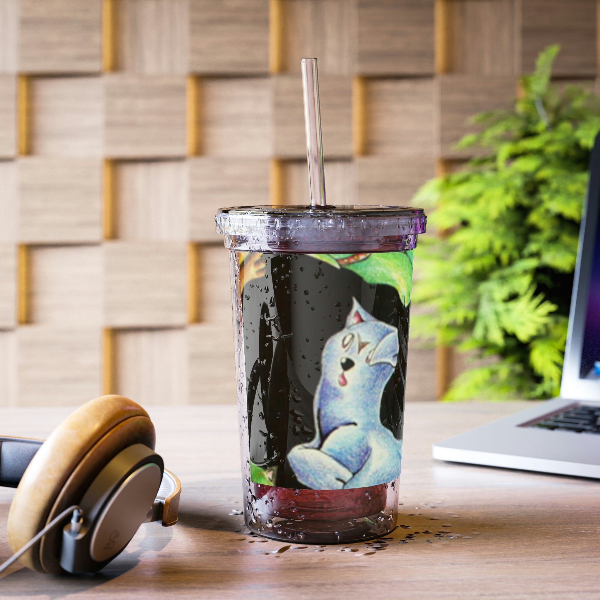 A stylish Cat Pattern Suave Acrylic Cup featuring a vibrant cat design, double-wall insulation, and a plastic lid with a straw.