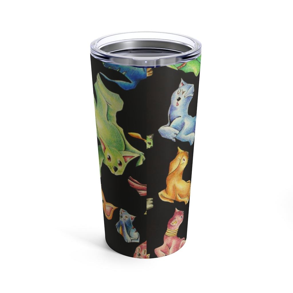 A stylish 20oz stainless steel tumbler featuring a playful cat pattern, with a see-thru plastic lid.