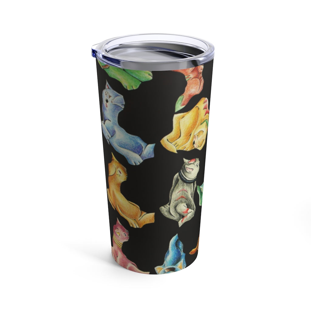 A stylish 20oz stainless steel tumbler featuring a playful cat pattern, with a see-thru plastic lid.