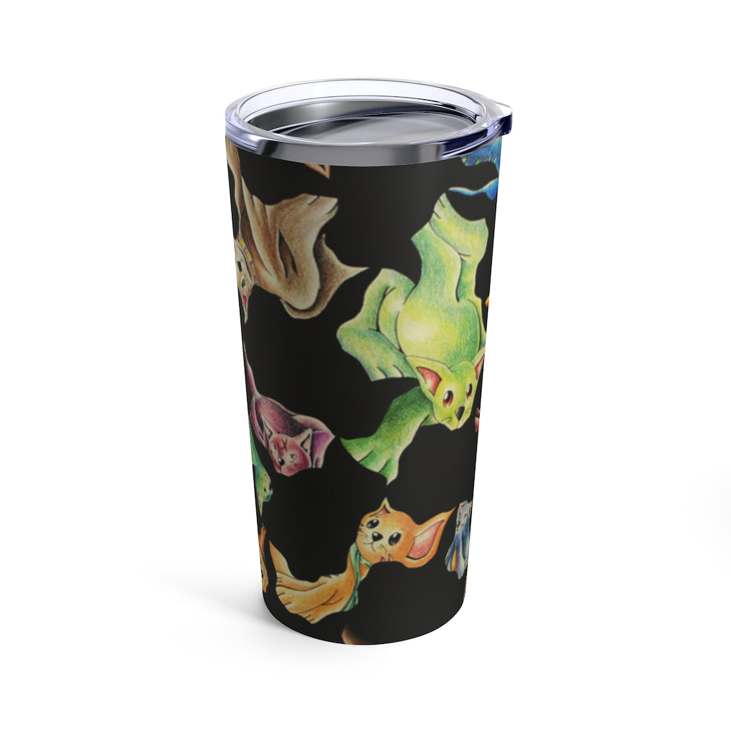 A stylish 20oz stainless steel tumbler featuring a playful cat pattern, with a see-thru plastic lid.