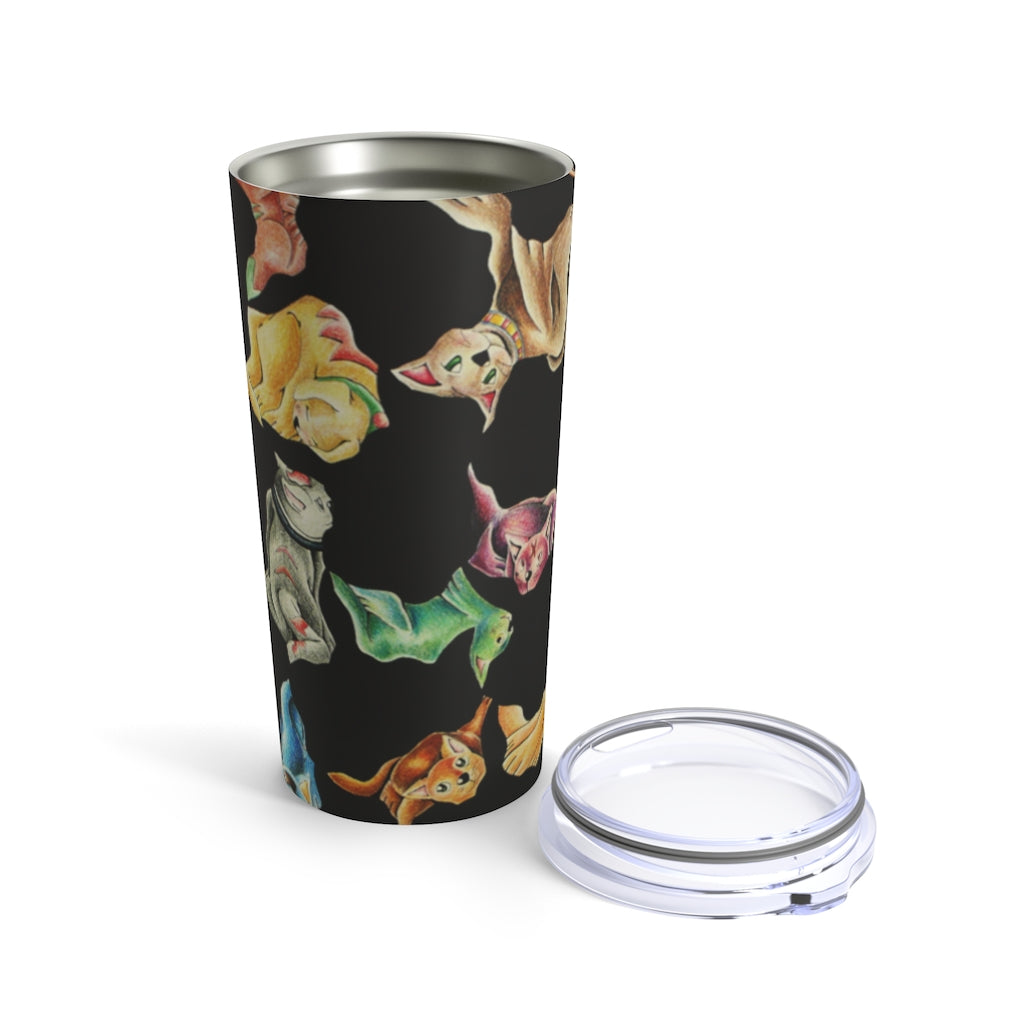 A stylish 20oz stainless steel tumbler featuring a playful cat pattern, with a see-thru plastic lid.