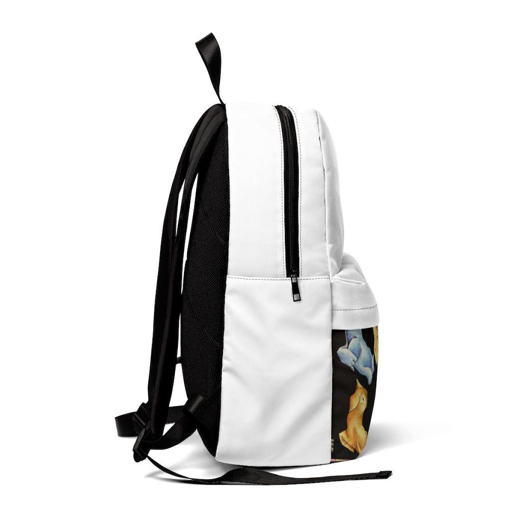 A stylish unisex classic backpack featuring a colorful cat pattern, made from durable nylon, perfect for school and casual travel.