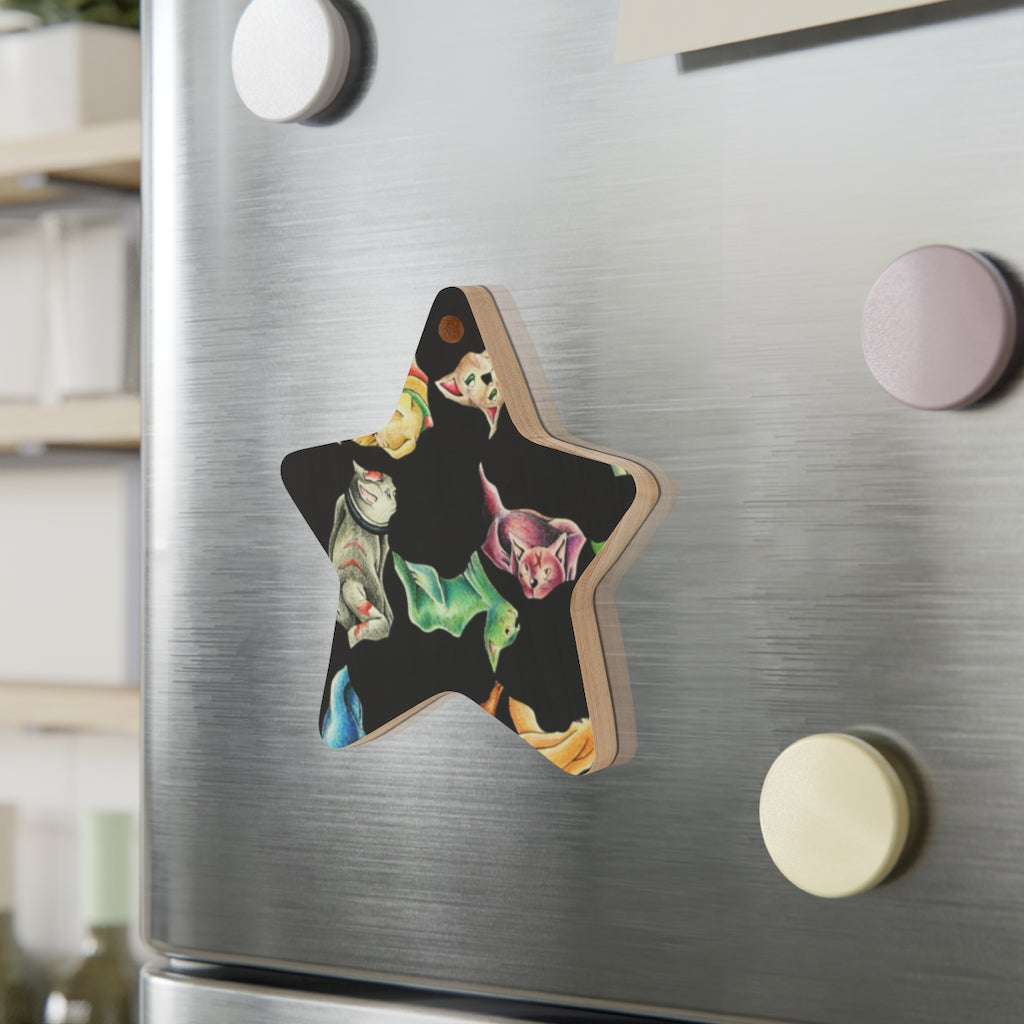 A collection of Cat Pattern Wooden Christmas Ornaments in various whimsical shapes, featuring a rustic wood finish and red ribbons for hanging.