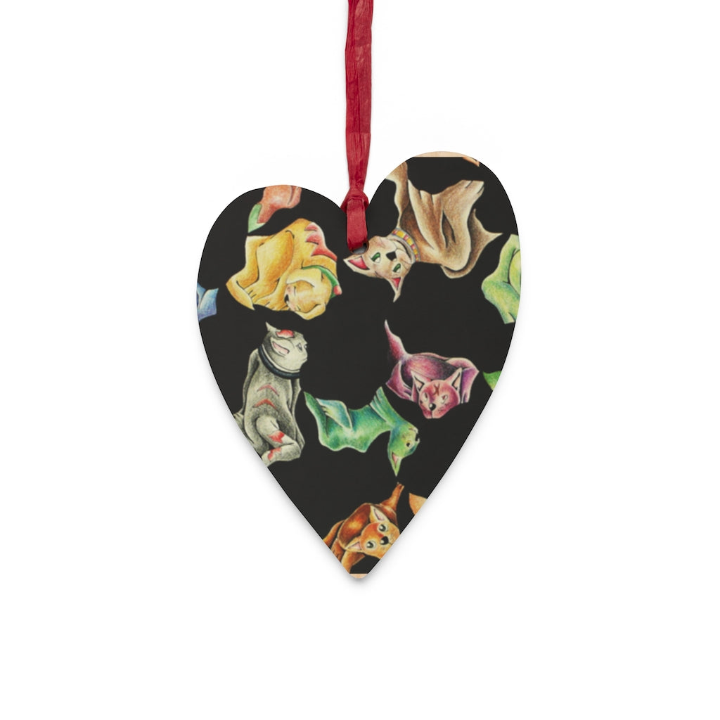 A collection of Cat Pattern Wooden Christmas Ornaments in various whimsical shapes, featuring a rustic wood finish and red ribbons for hanging.