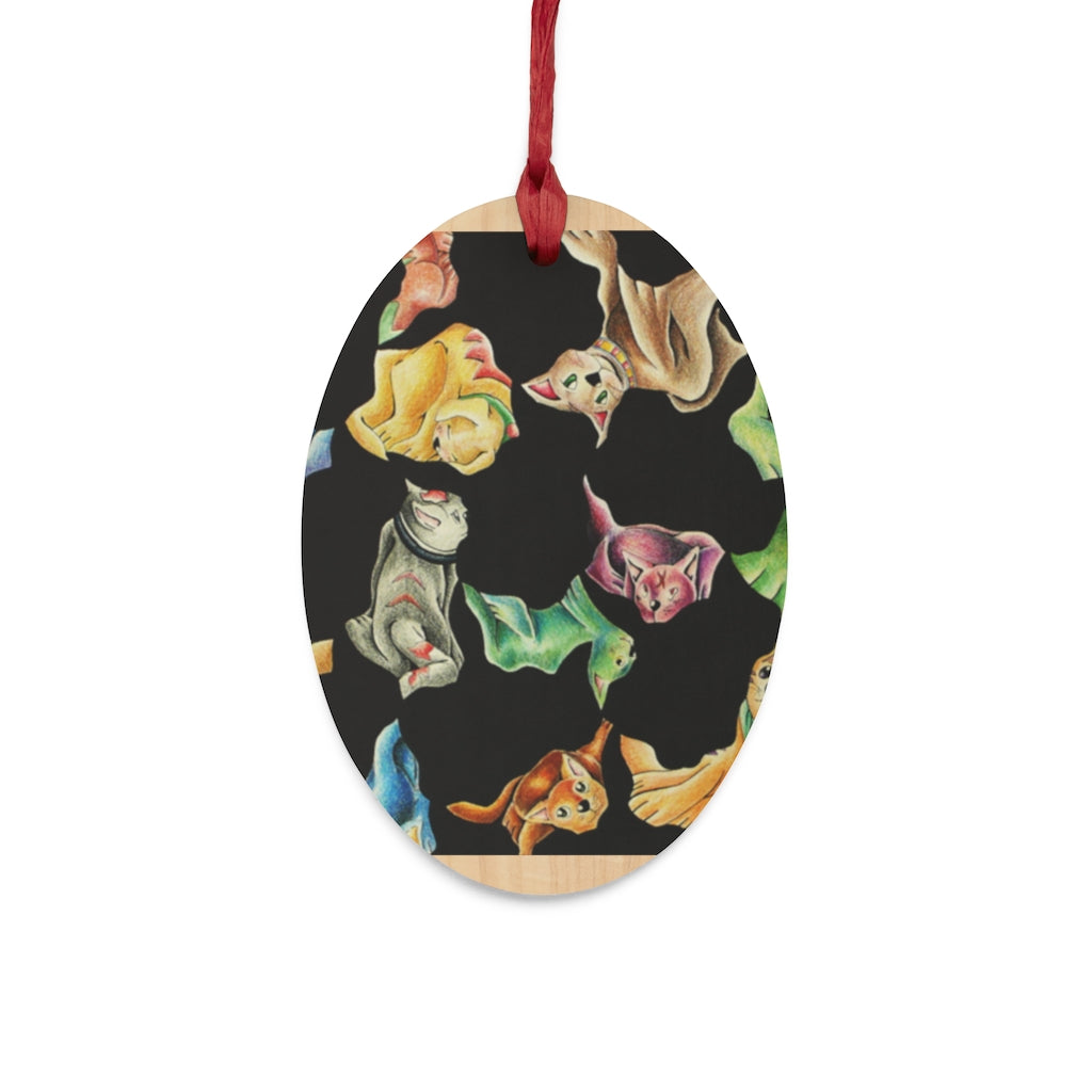 A collection of Cat Pattern Wooden Christmas Ornaments in various whimsical shapes, featuring a rustic wood finish and red ribbons for hanging.