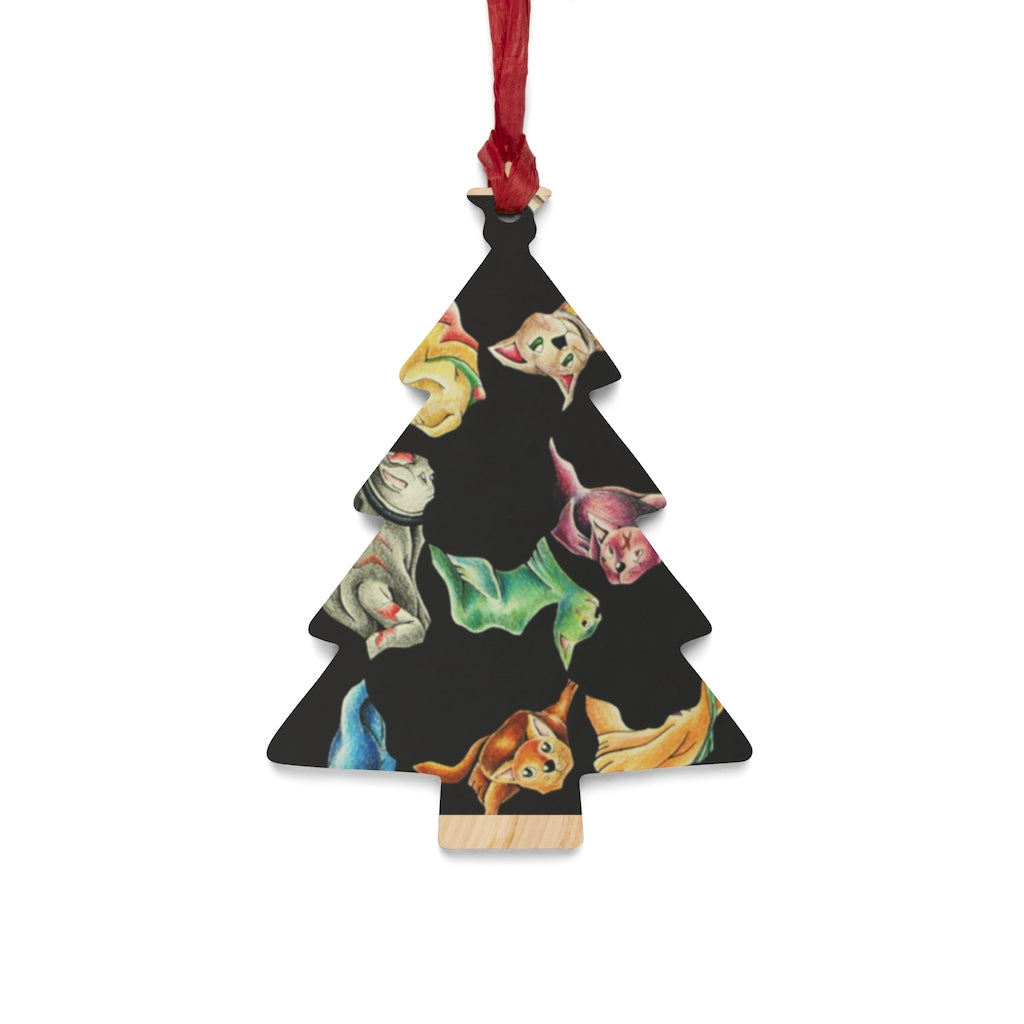 A collection of Cat Pattern Wooden Christmas Ornaments in various whimsical shapes, featuring a rustic wood finish and red ribbons for hanging.