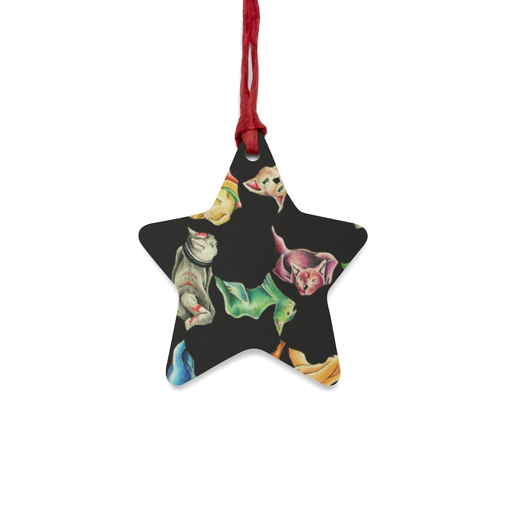 A collection of Cat Pattern Wooden Christmas Ornaments in various whimsical shapes, featuring a rustic wood finish and red ribbons for hanging.