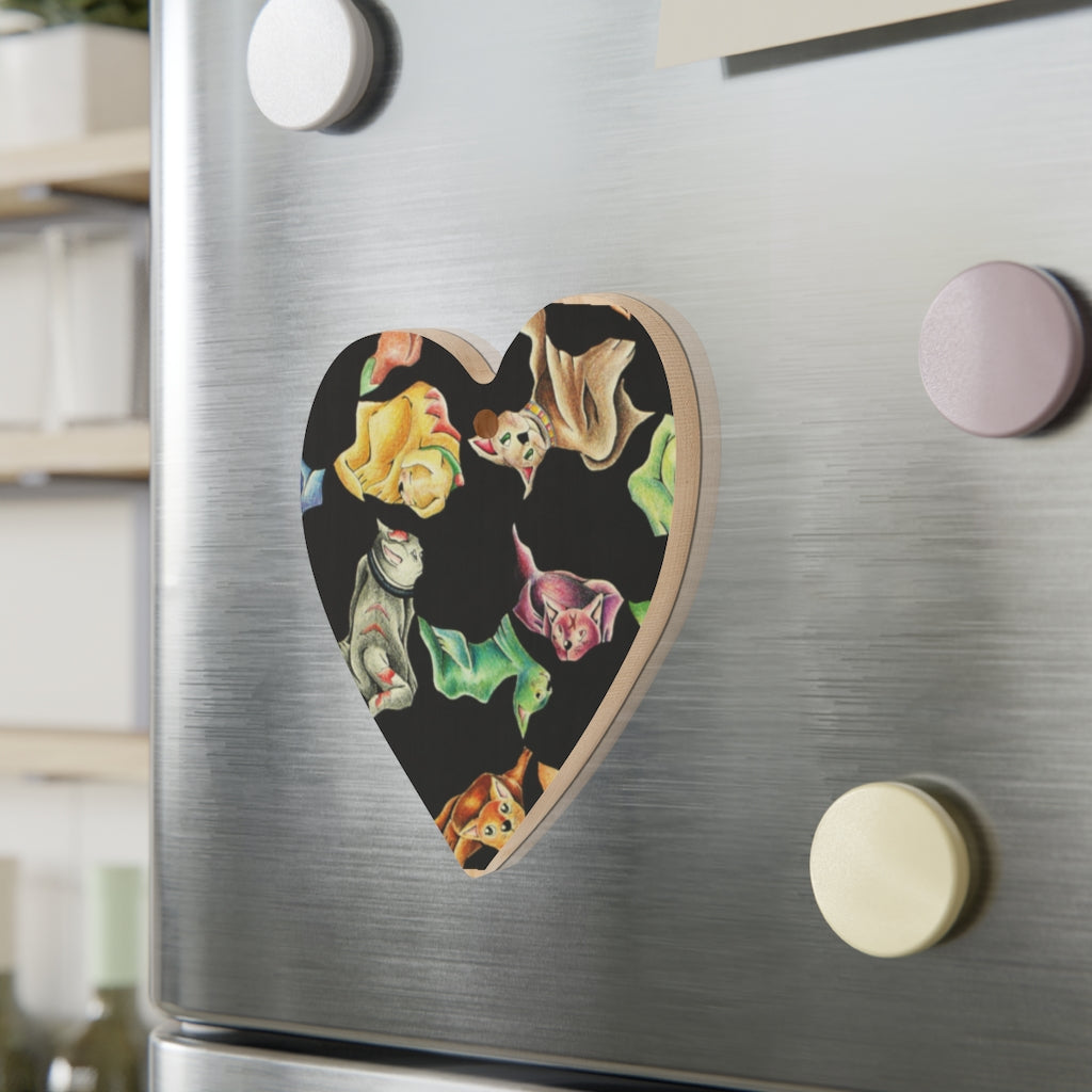 A collection of Cat Pattern Wooden Christmas Ornaments in various whimsical shapes, featuring a rustic wood finish and red ribbons for hanging.