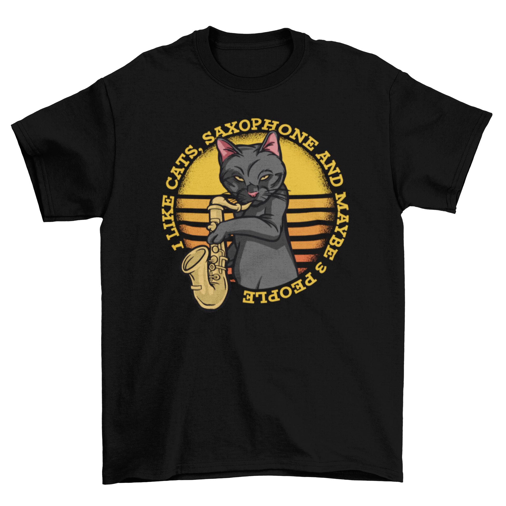 A playful t-shirt featuring a cat playing a saxophone with a humorous quote.