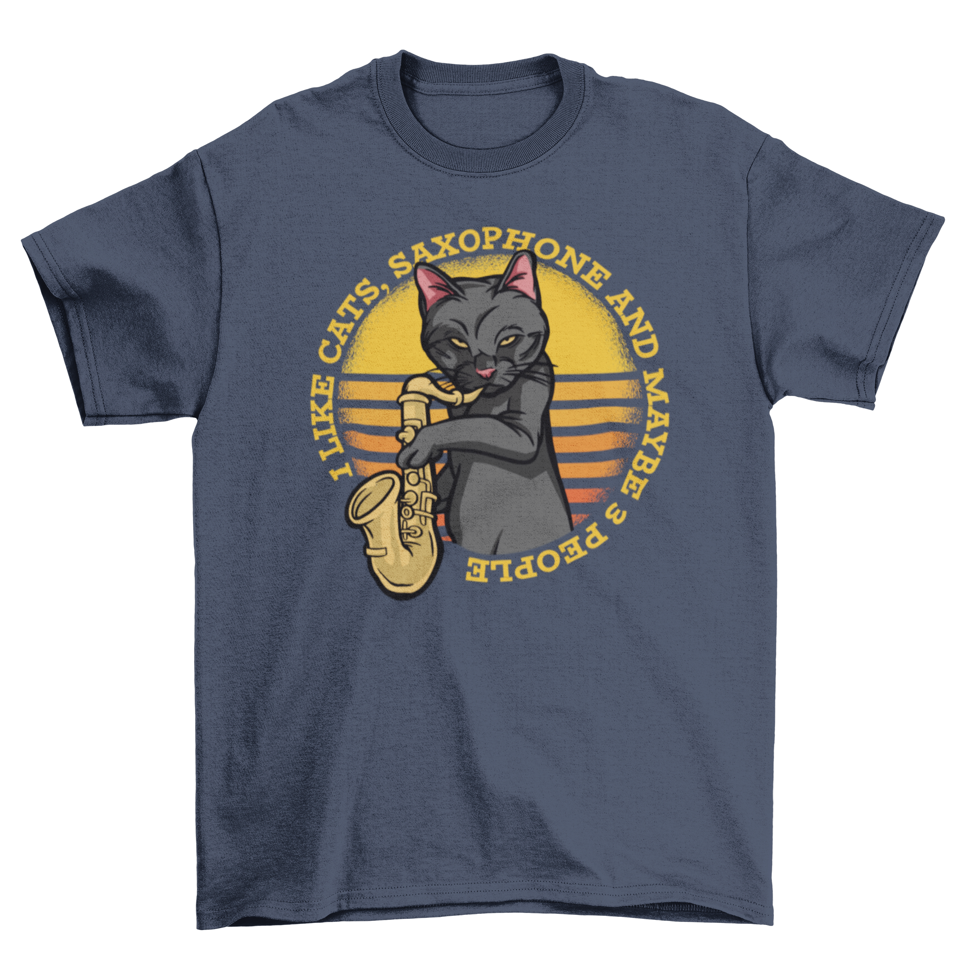 A playful t-shirt featuring a cat playing a saxophone with a humorous quote.