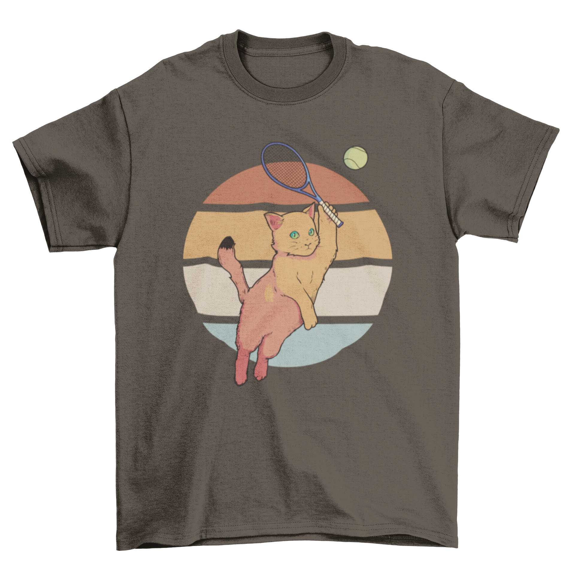 A playful cat holding a tennis racket against a retro sunset background on a t-shirt.