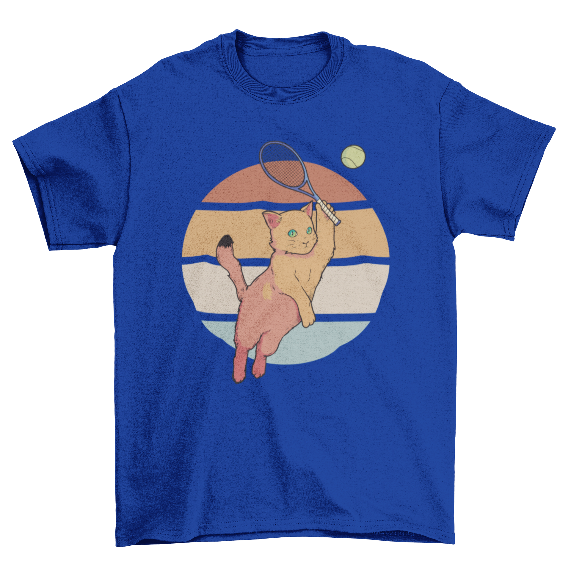 A playful cat holding a tennis racket against a retro sunset background on a t-shirt.