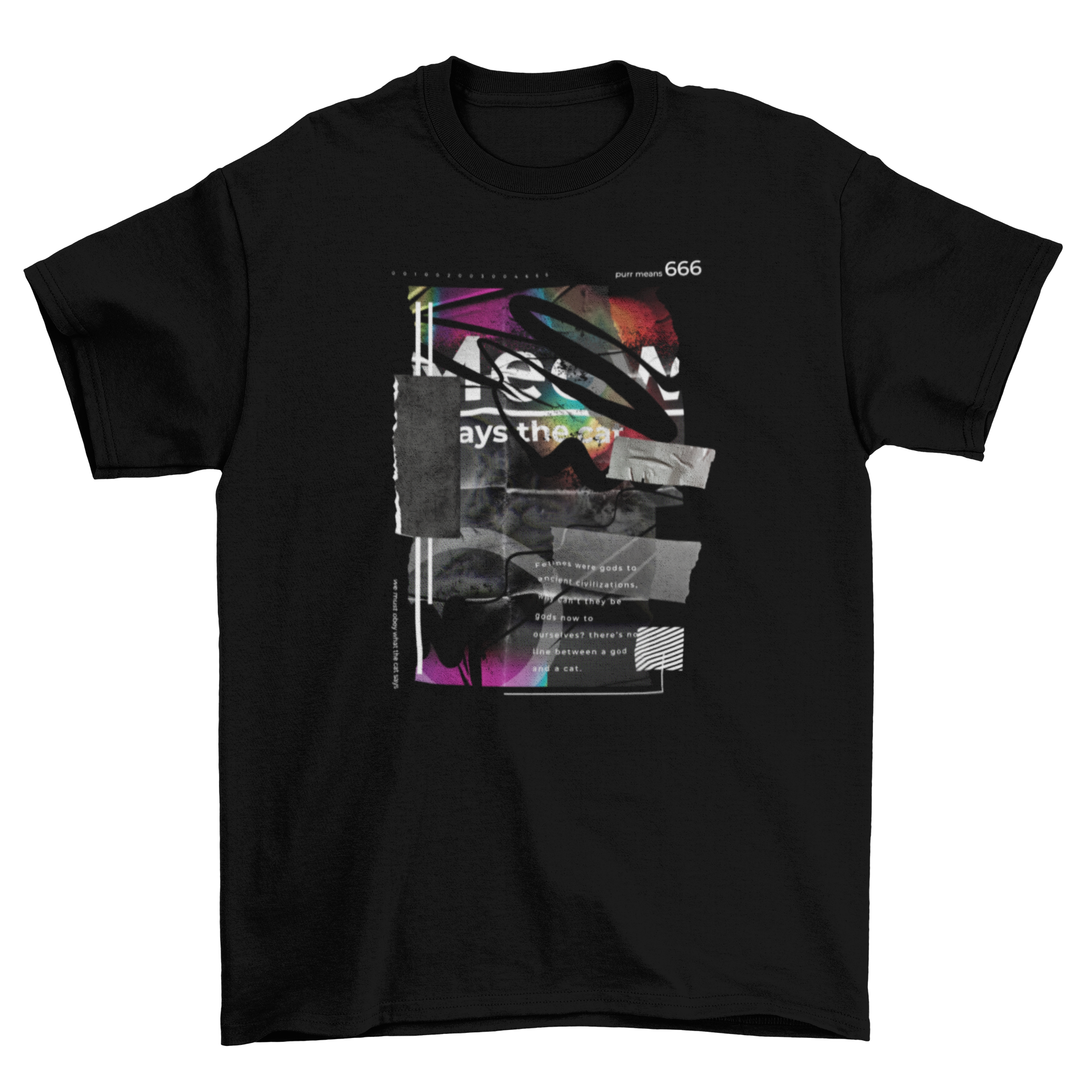 A stylish dark t-shirt featuring a unique collage design with torn paper, tape, and playful cat quotes.