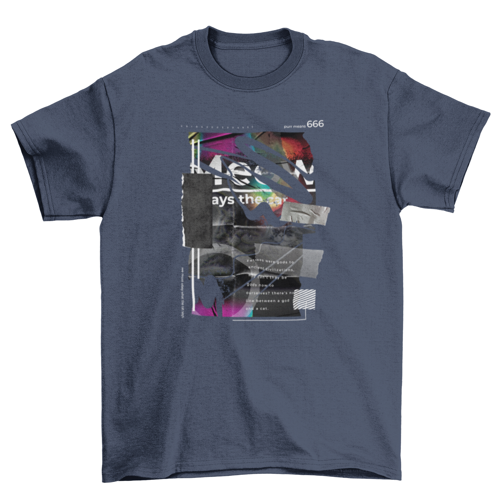 A stylish dark t-shirt featuring a unique collage design with torn paper, tape, and playful cat quotes.