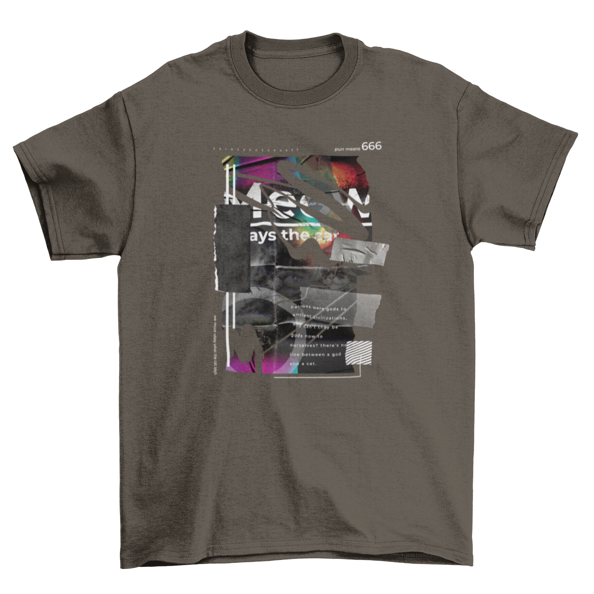 A stylish dark t-shirt featuring a unique collage design with torn paper, tape, and playful cat quotes.