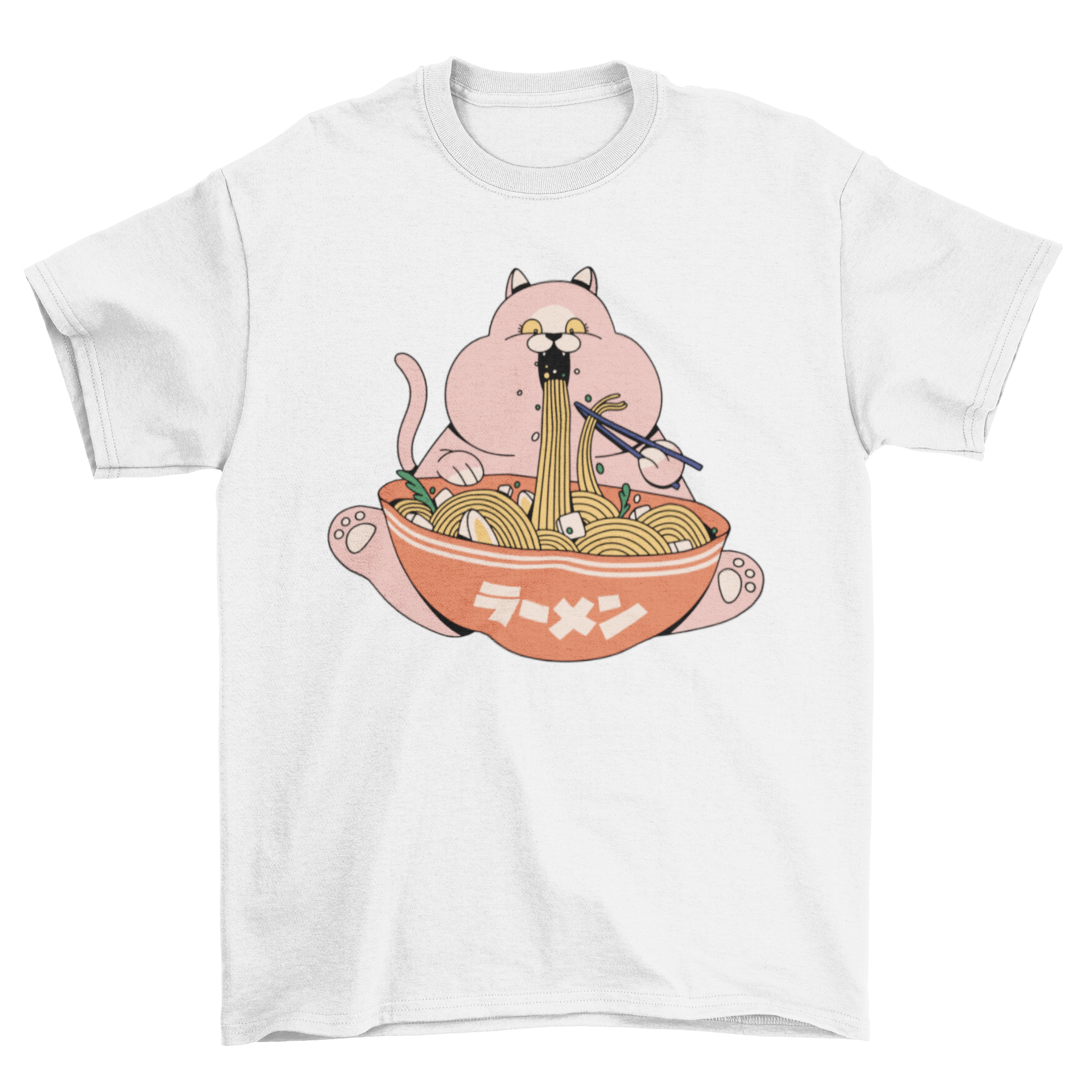 A pink cat happily eating ramen noodles on a stylish t-shirt.