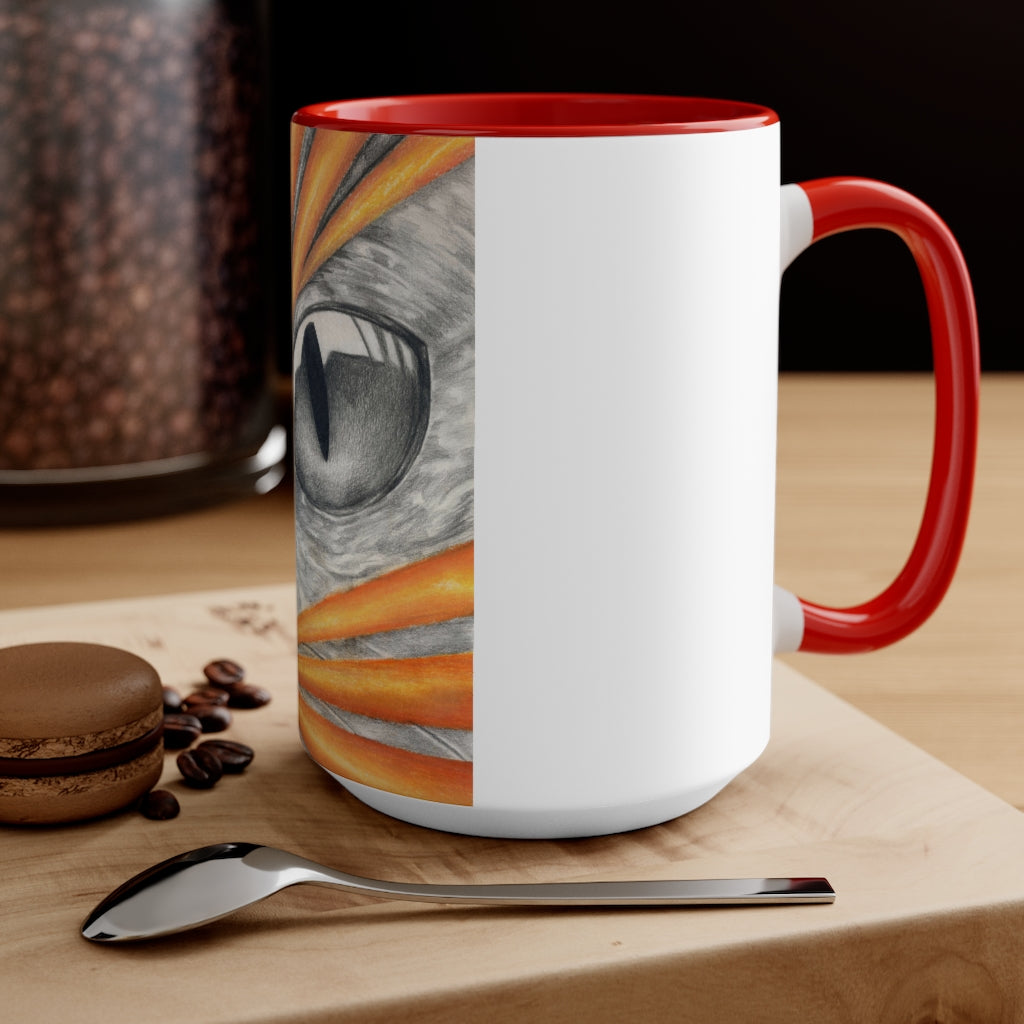 A stylish Cat Rays Accent Mug featuring a white exterior with a vibrant colored interior, available in red, pink, and black options.