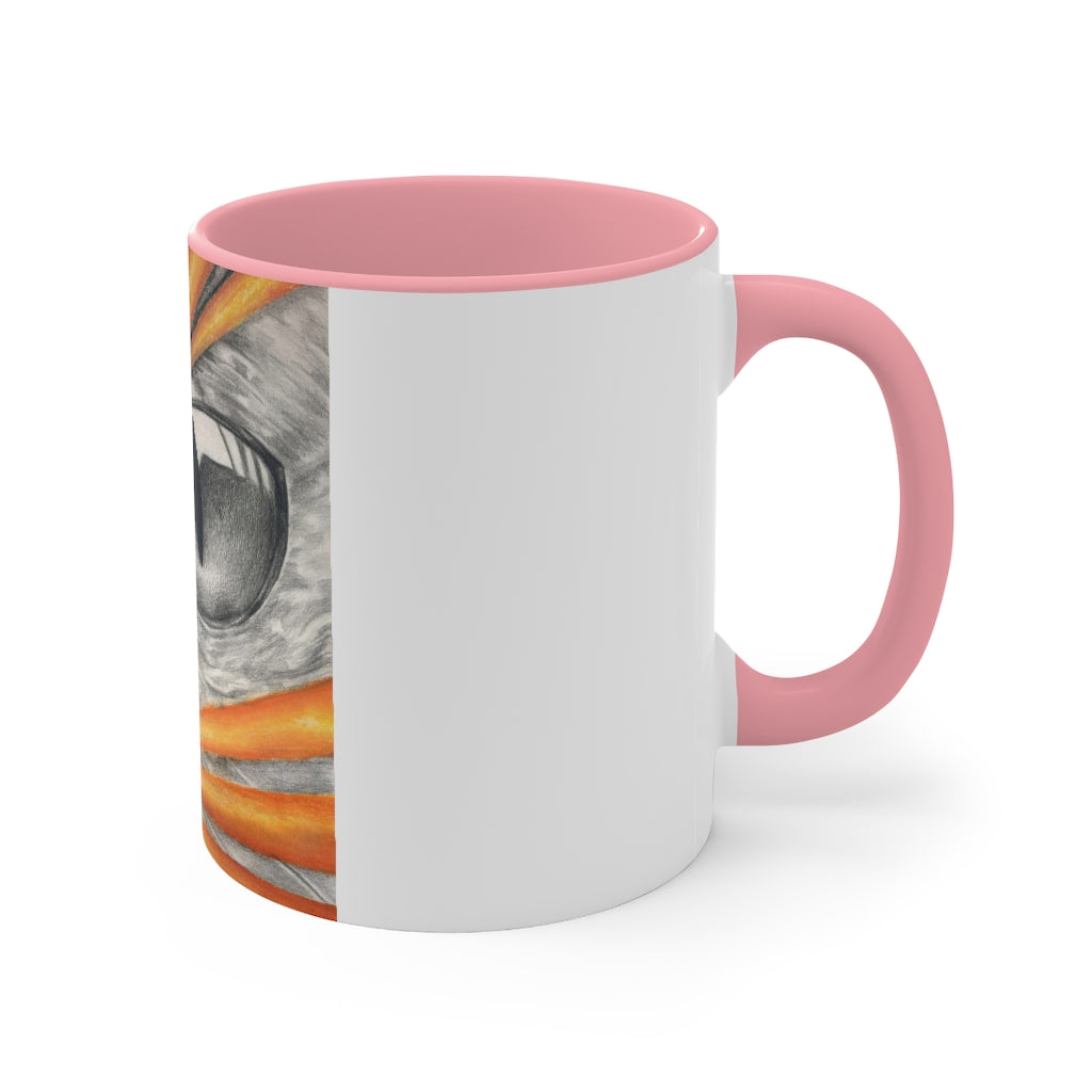 A stylish Cat Rays Accent Mug featuring a white exterior with a vibrant colored interior, available in red, pink, and black options.