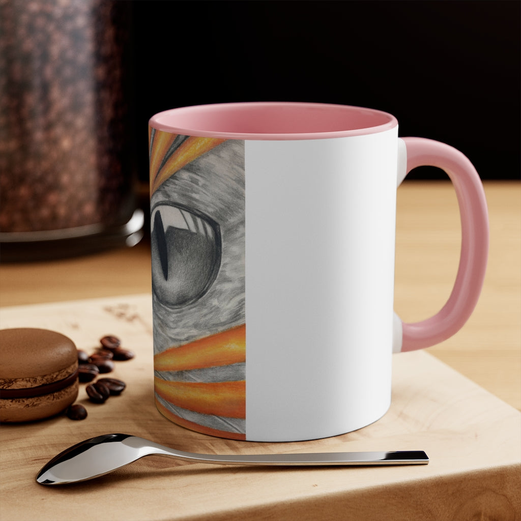 A stylish Cat Rays Accent Mug featuring a white exterior with a vibrant colored interior, available in red, pink, and black options.