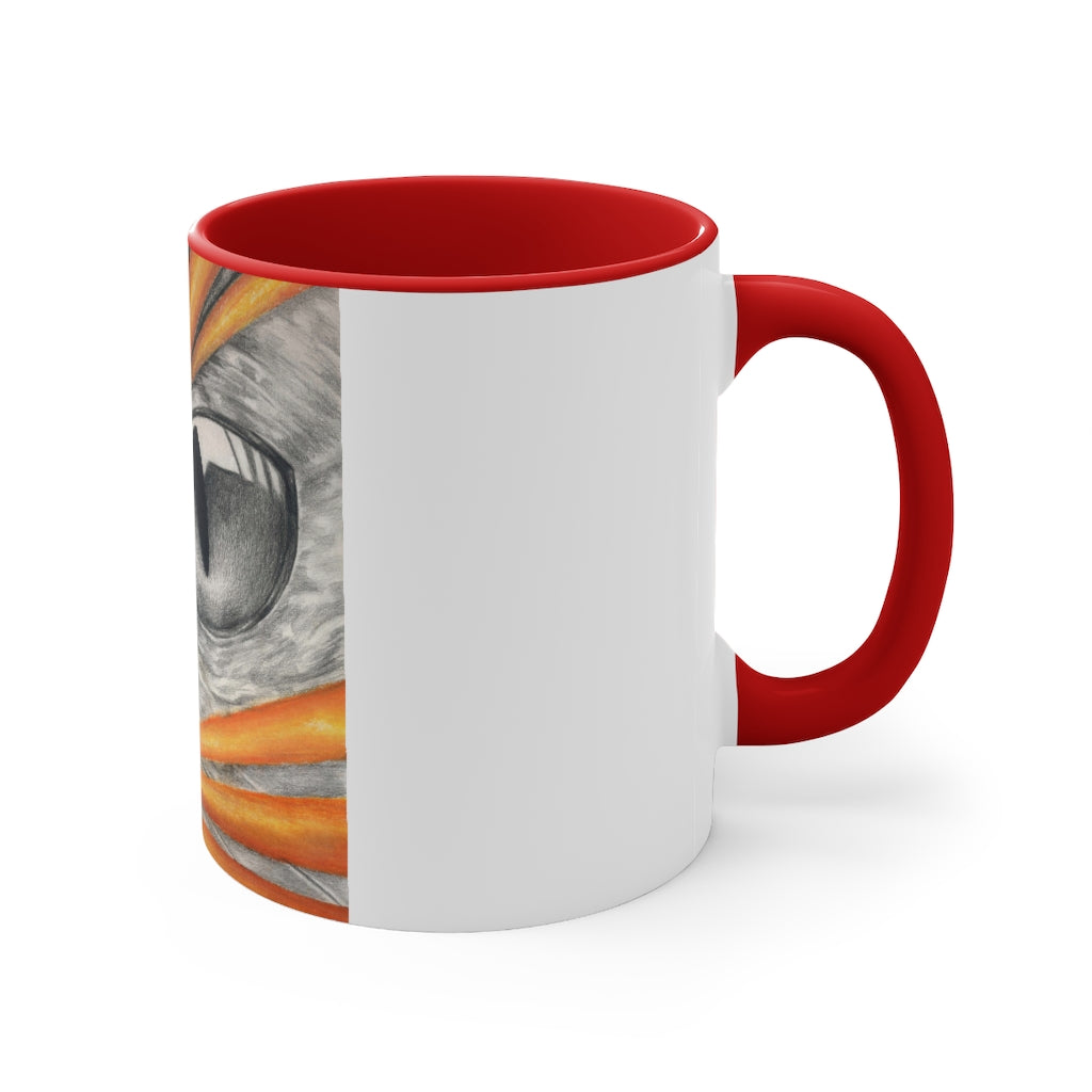 A stylish Cat Rays Accent Mug featuring a white exterior with a vibrant colored interior, available in red, pink, and black options.