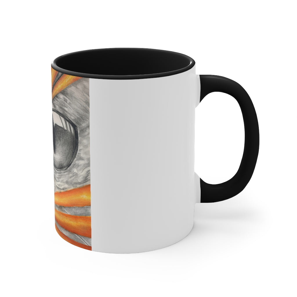 A stylish Cat Rays Accent Mug featuring a white exterior with a vibrant colored interior, available in red, pink, and black options.