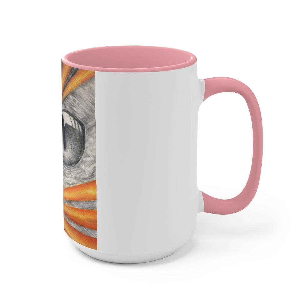 A stylish Cat Rays Accent Mug featuring a white exterior with a vibrant colored interior, available in red, pink, and black options.